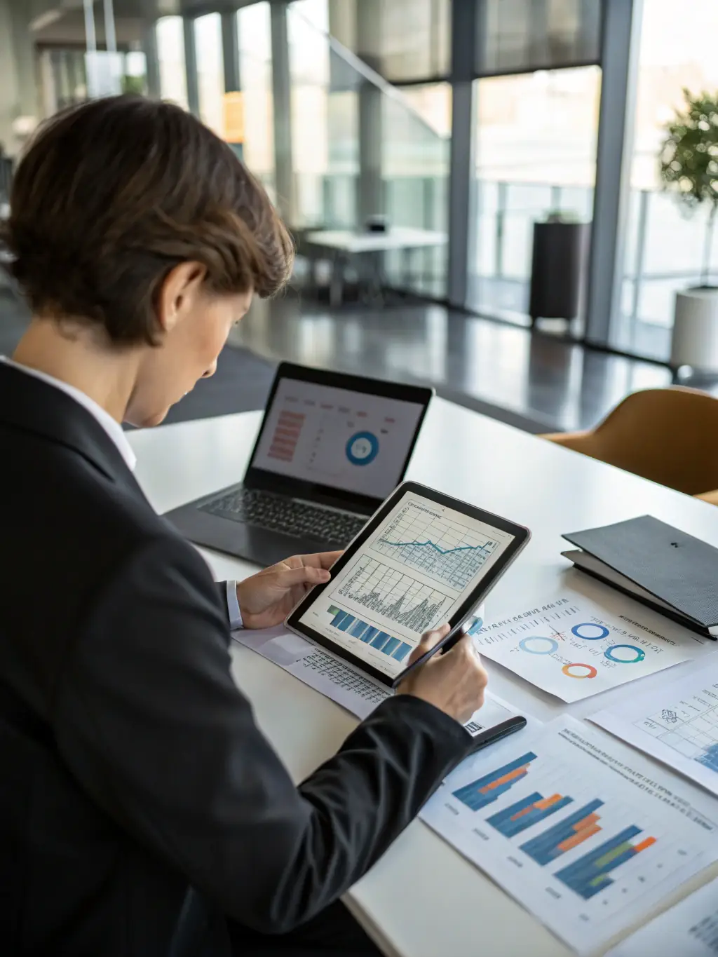 A compliance officer is reviewing investment transactions on a computer, with regulatory documents and compliance checklists visible in the background.