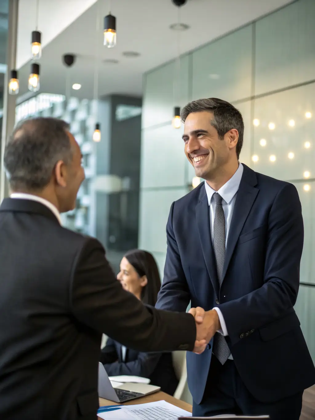 A professional photograph of two family office executives shaking hands over a signed agreement, symbolizing successful mandate matching.